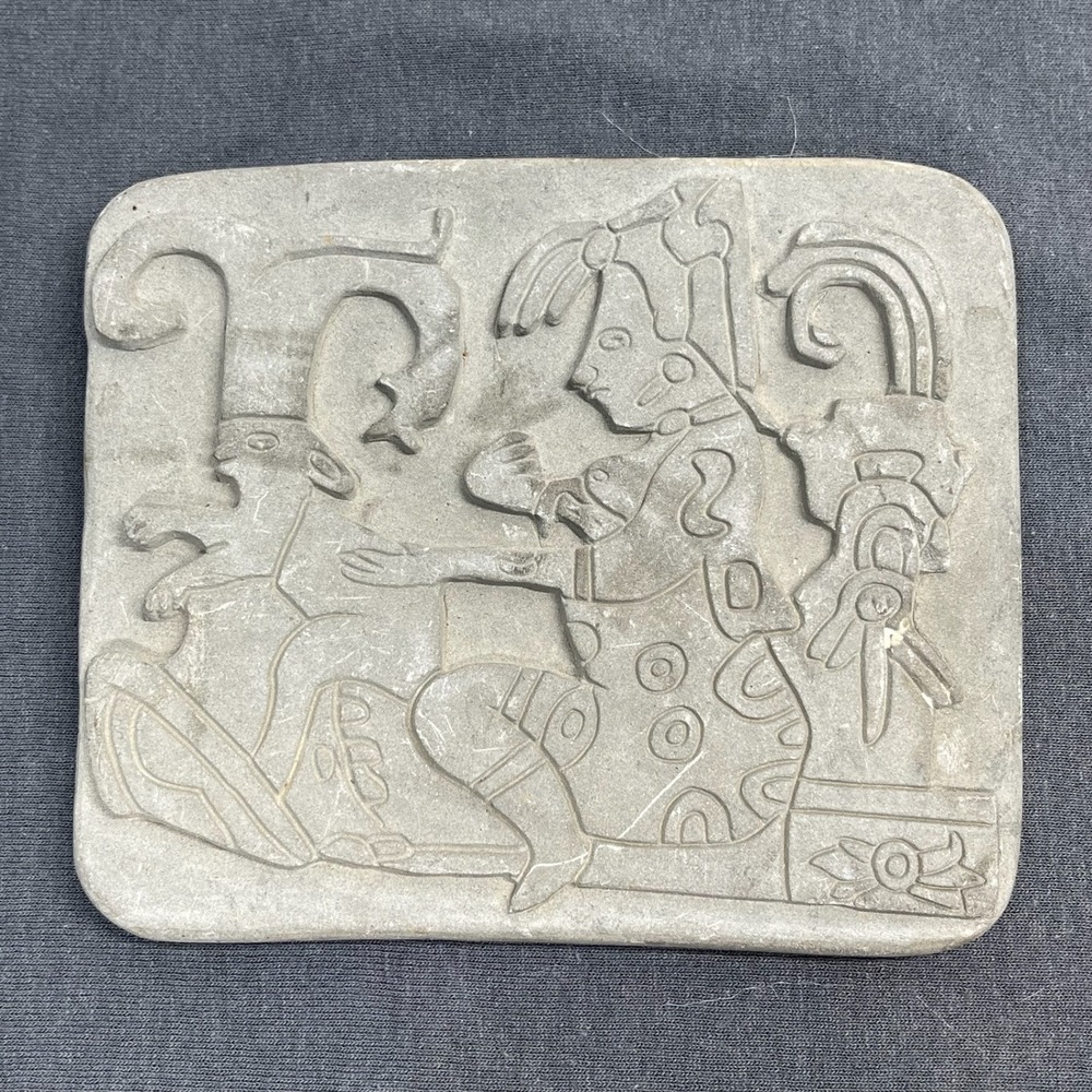 Vintage Hand Carved Gray Soapstone Mayan Style Relief Plaque Mesoamerican Art